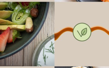 Collage veganer Gerichte mit Karotten, Dumplings, Salat, Logo und Text Veganer Januar.