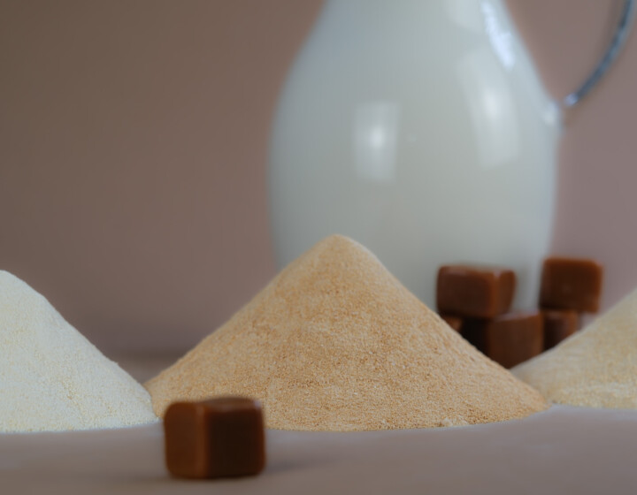 Drei Pulverhügel mit Karamellwürfeln im Vordergrund, dahinter eine Kanne Milch.